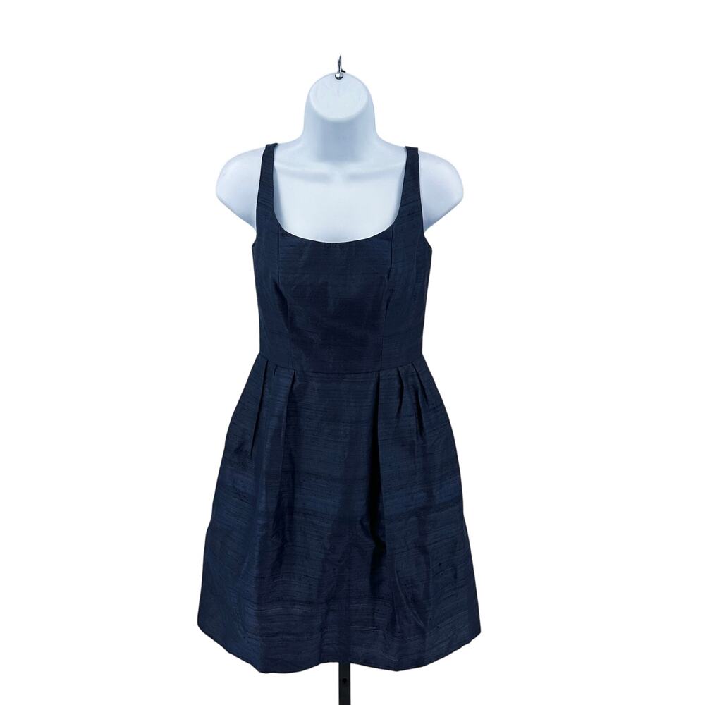Watters Knee Length Dress Womens Sz 0 Navy Scoop Neck & Back Pleated Pockets Zip